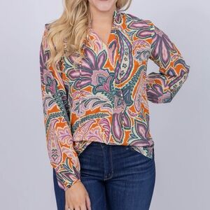 Tyler‎ Boe Maggie Paisley Print Silk Blouse Orange Multi Small